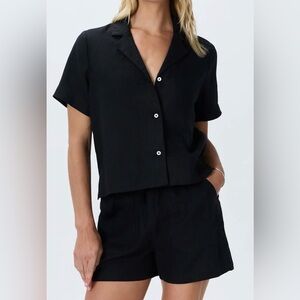 Quince Black Short Sleeve Button-Down Linen Shirt